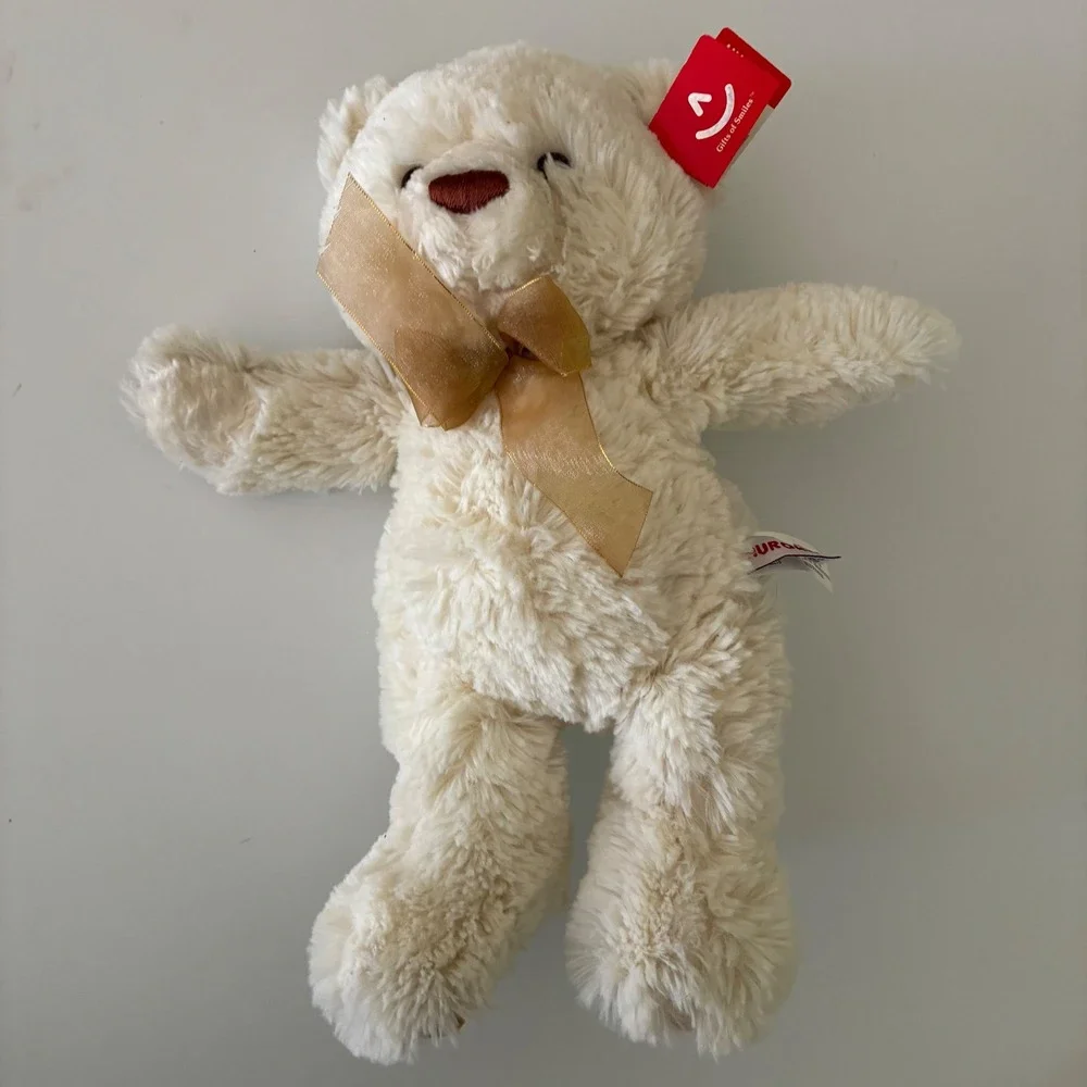 Aurora World Belle Cream Shaggy Teddy Bear Bow Plush Stuffed Animal 12 inch